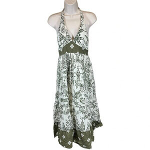 Y2k hippie floral summer midi dress halter neck green cream boho 100% cotton Med
